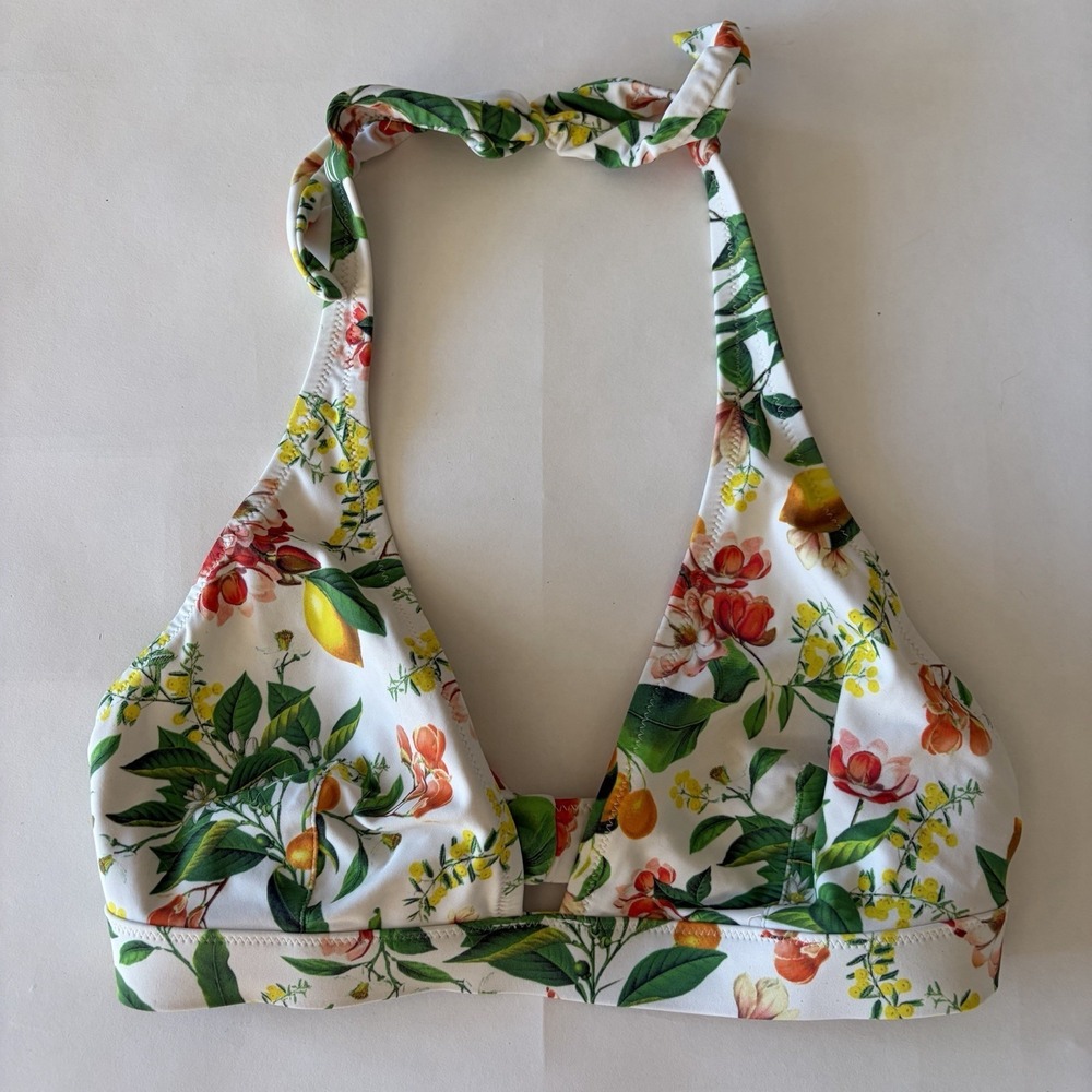 Uniqlo Swimwear‎ Women Triangle Bikini Top 8 Fruit Multicolor Floral White Green